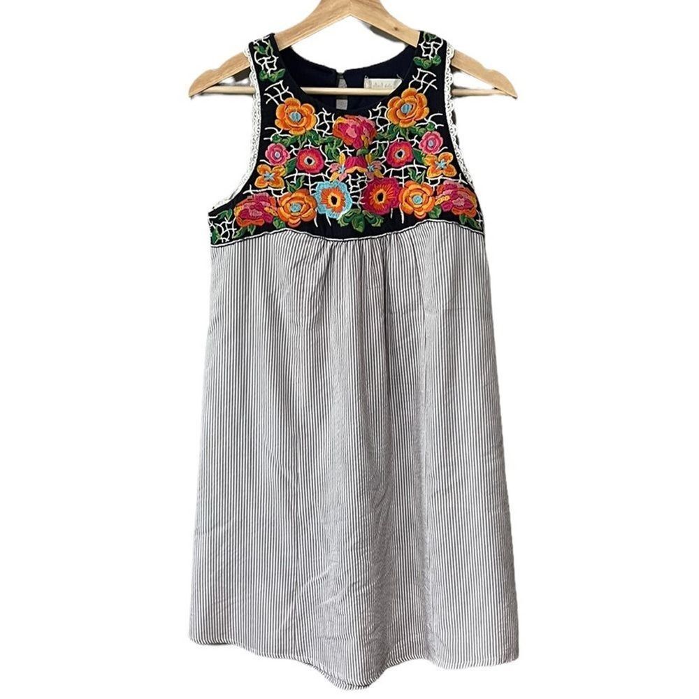 Altar'd State embroidered floral baby doll boho sleeveless smock stripe dress S